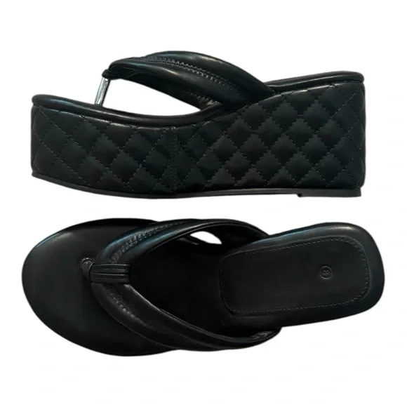 Chunky Platform Wedge Slip On Thong Sandals Black Quilted Women’s 8 - Picture 12 of 13